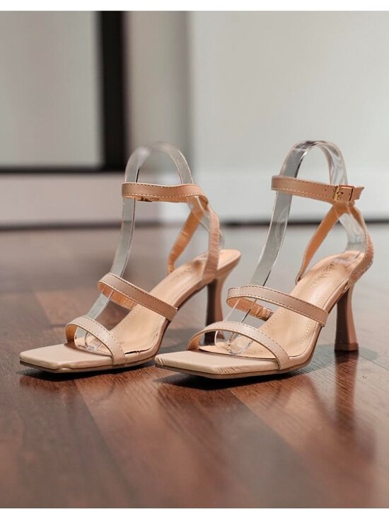 Shoes - Strappy Nude Beige High Heel Sandals With Square Toe & Adjustable Ankle Strap Fo